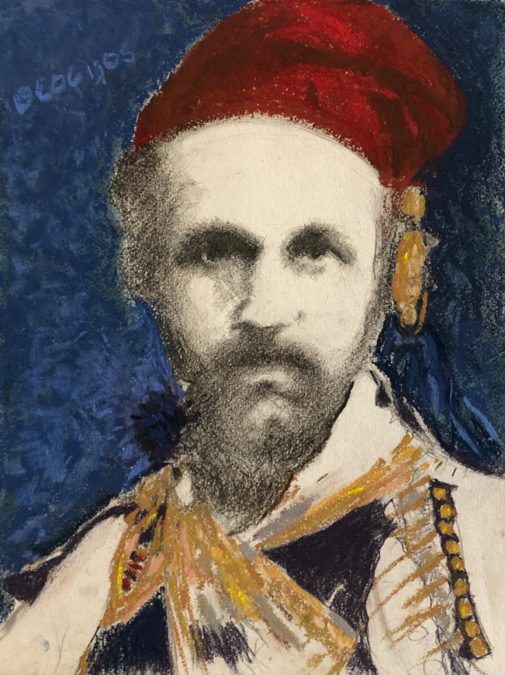 Κλαίρη Τσαλουχίδου  Θεόφιλος, 2020  Ξηροπαστέλ και κάρβουνο σε χαρτί, 30x24 εκ.