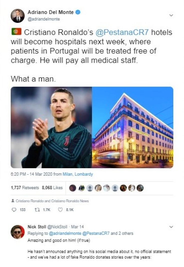 Ο Κριστιάνο Ρονάλντο ΔΕΝ μετατρέπει τα ξενοδοχεία του σε νοσοκομεία
