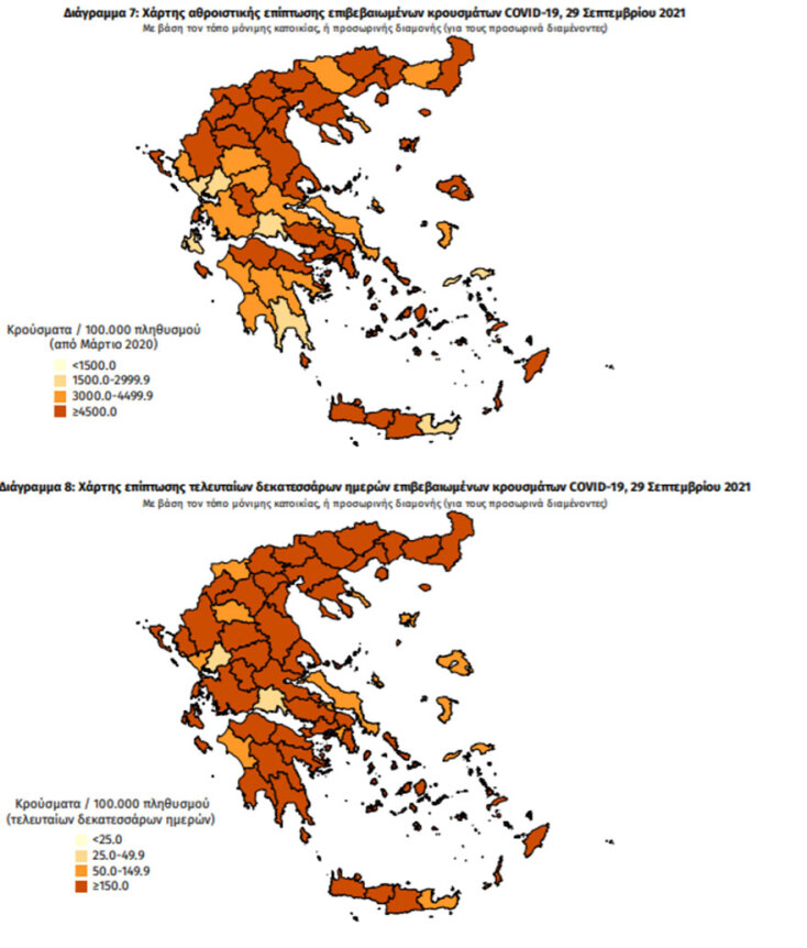 Χάρτες του ΕΟΔΥ με τα νέα κρούσματα κορωνοϊού σήμερα και τις τελευταίες 14 ημέρες ανά περιοχή | 29.09.2021