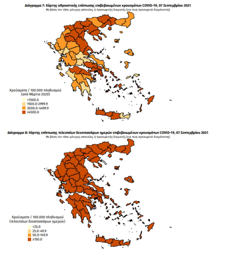 Χάρτες του ΕΟΔΥ με τα νέα κρούσματα κορωνοϊού σήμερα και τις τελευταίες 14 ημέρες ανά περιοχή | 07.09.2021