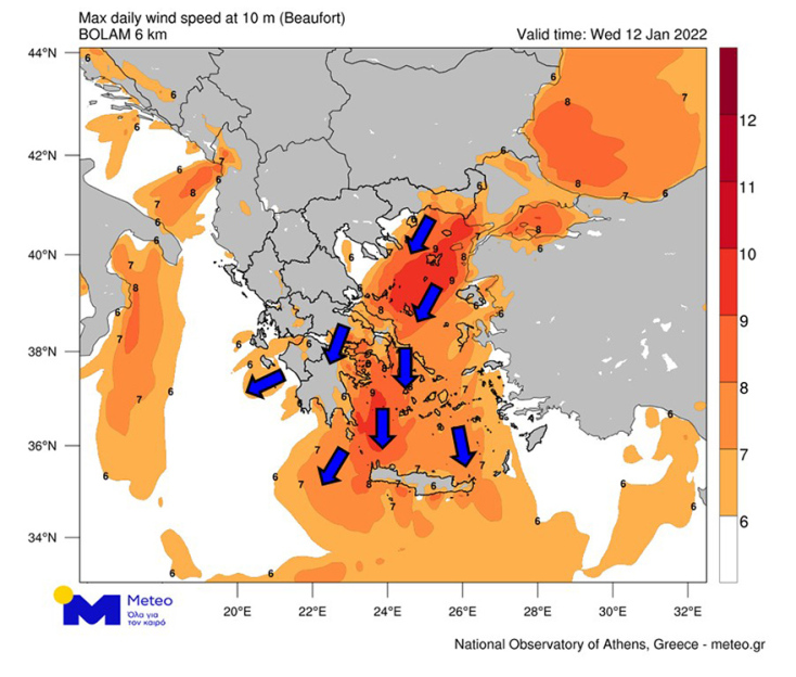 Χάρτης στον οποίο παρουσιάζονται οι μέγιστες εντάσεις και επικρατούσες διευθύνσεις ανέμων κατά τη διάρκεια της Τετάρτης