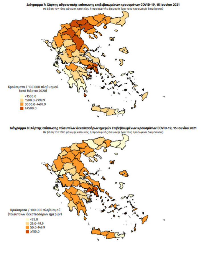 Χάρτες του ΕΟΔΥ με τα κρούσματα κορωνοϊού το τελευταίο 24ωρο και τις τελευταίες 14 ημέρες συνολικά | 15.06.2021
