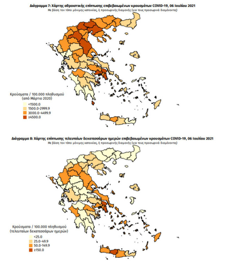 Χάρτες του ΕΟΔΥ με τα κρούσματα κορωνοϊού το τελευταίο 24ωρο και τις τελευταίες 14 ημέρες συνολικά | 06.07.2021