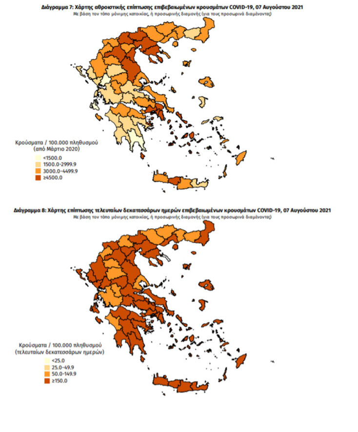 Χάρτες του ΕΟΔΥ με τα νέα κρούσματα κορωνοϊού το τελευταίο 24ωρο και τις τελευταίες 14 ημέρες | 07.08.2021