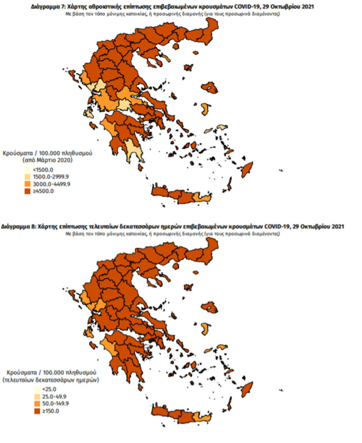 Χάρτης διασποράς του ΕΟΔΥ με τα κρούσματα κορωνοϊού σήμερα και τις τελευταίες 14 ημέρες | 29.10.2021