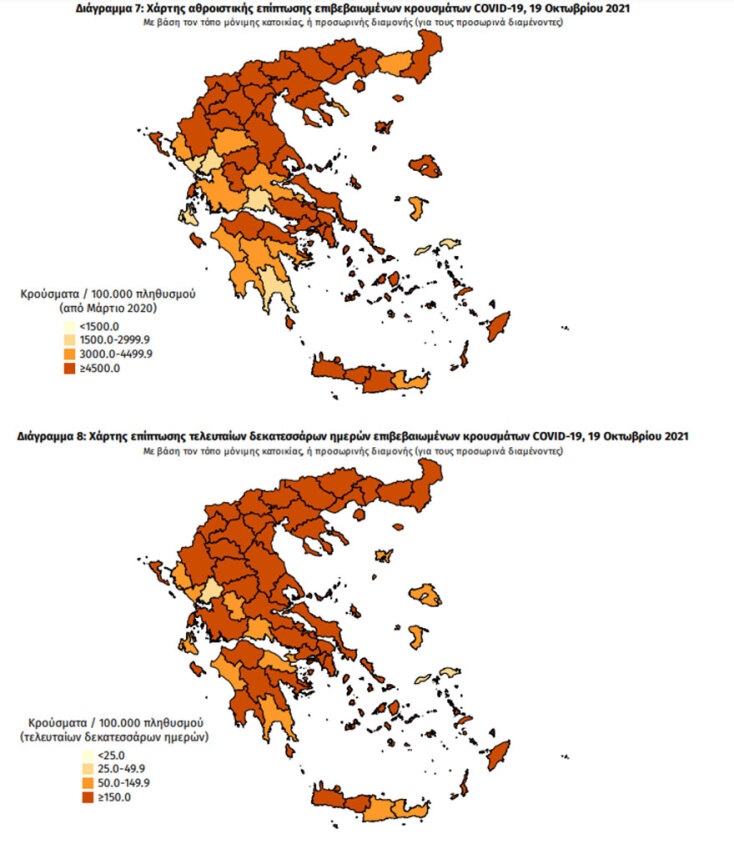 Κορωνοϊός: Ο χάρτης διασποράς με τα κρούσματα σήμερα και τις τελευταίες 14 ημέρες | 19.10.2021
