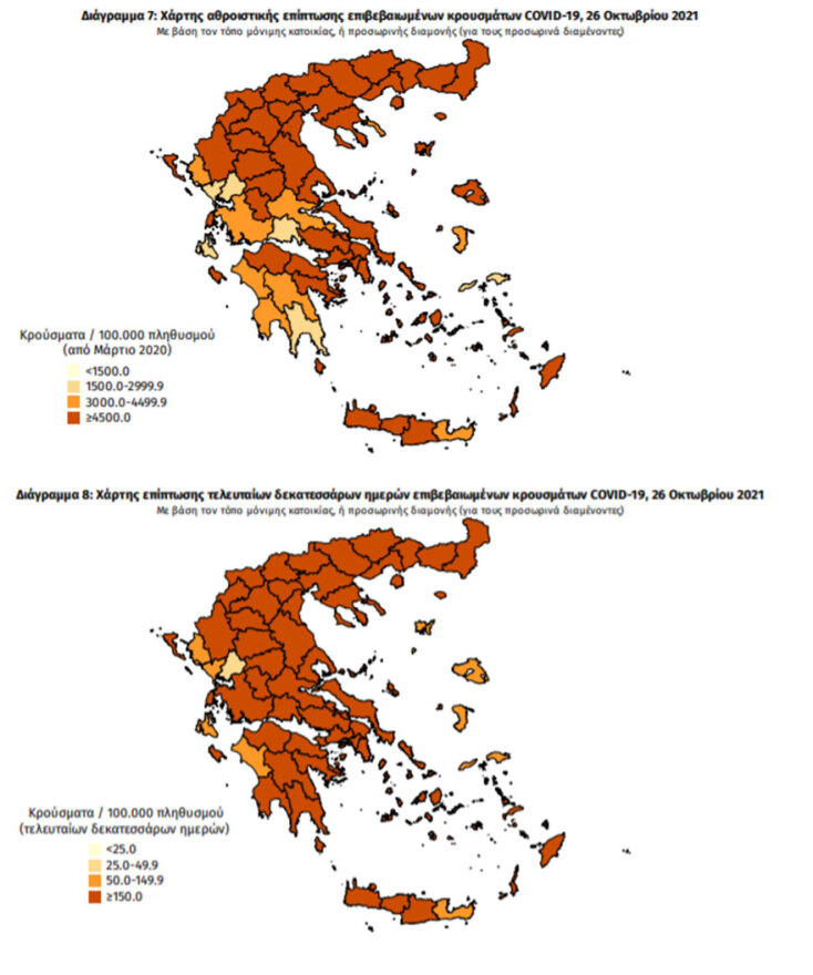 Χάρτης διασποράς του ΕΟΔΥ με τα κρούσματα κορωνοϊού σήμερα και τις τελευταίες 14 ημέρες | 26.10.2021