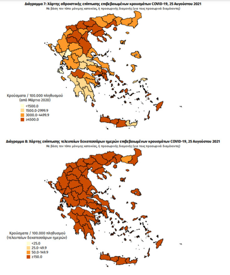 Χάρτες του ΕΟΔΥ με τα νέα κρούσματα κορωνοϊού σήμερα και τις τελευταίες 14 ημέρες ανά περιοχή | 25.08.2021