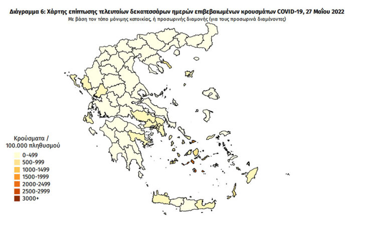 Ο χάρτης διασποράς του ΕΟΔΥ με τα κρούσματα κορωνοϊού τις τελευταίες 14 ημέρες | 27.05.2022