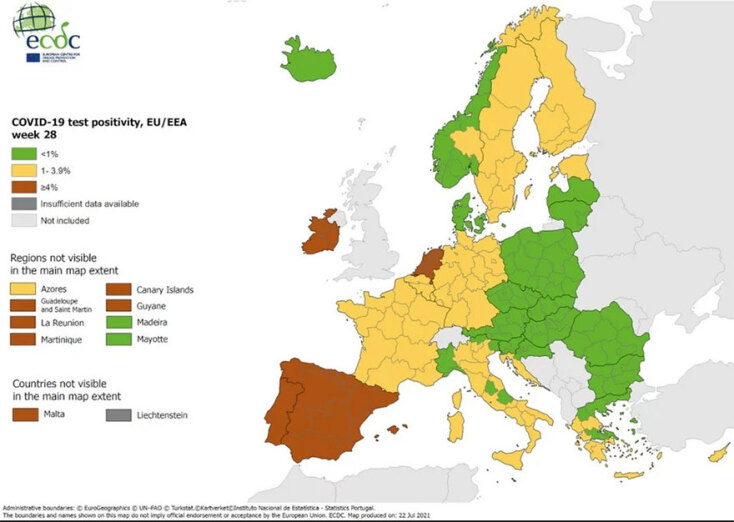 Με πράσινο και κίτρινο η Ελλάδα στον χάρτη του ECDC για τον δείκτη θετικότητας