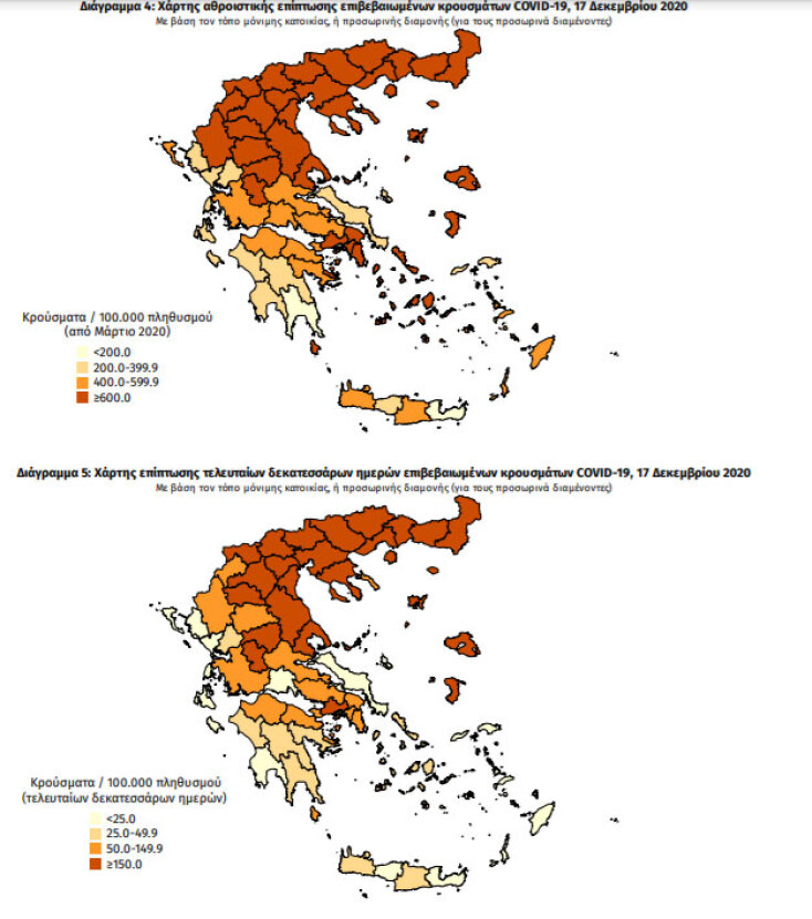 Χάρτες του ΕΟΔΥ με τις περιοχές που έχουν τα περισσότερα κρούσματα κορωνοϊού συνολικά και τις τελευταίες 14 ημέρες | 17.12.2020