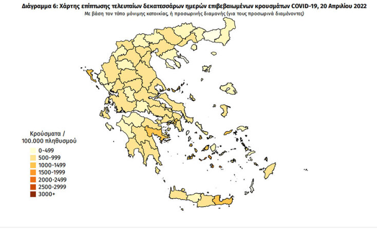 Ο χάρτης διασποράς του ΕΟΔΥ με τα κρούσματα κορωνοϊού τις τελευταίες 14 ημέρες | 20.04.2022