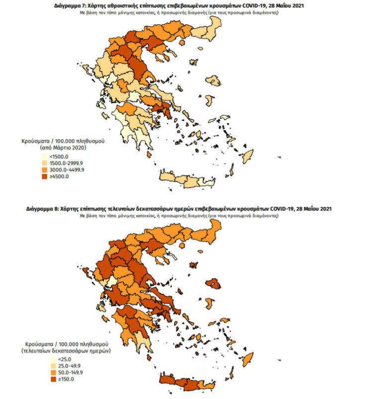 Χάρτες του ΕΟΔΥ με τις περιοχές όπου επιβεβαιώθηκαν τα νέα κρούσματα σήμερα Παρασκευή 28 Μαΐου 2021 και συνολικά τις τελευταίες 14 ημέρες