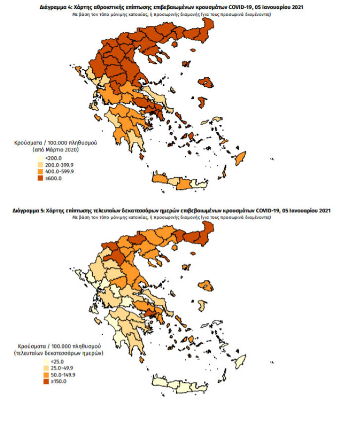 Χάρτες του ΕΟΔΥ με τις περιοχές που έχουν τα περισσότερα κρούσματα κορωνοϊού συνολικά και τις τελευταίες 14 ημέρες | 05.01.2021