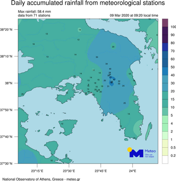 Γεωγραφική κατανομή των βροχοπτώσεων έως τις 09:20 στο νομό Αττικής και στην Κρήτη