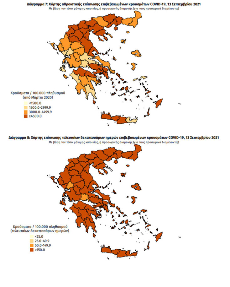 Κορωνοϊός: Χάρτες του ΕΟΔΥ με τα κρούσματα σήμερα και τις τελευταίες 14 ημέρες | 13.09.2021