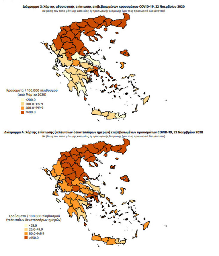 Χάρτες με τις περιοχές που έχουν τα περισσότερα κρούσματα κορωνοϊού συνολικά και τις τελευταίες 14 ημέρες | 22.11.2020