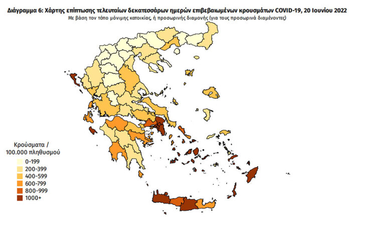 Ο χάρτης διασποράς του ΕΟΔΥ με τα κρούσματα κορωνοϊού τις τελευταίες 14 ημέρες | 20.06.2022