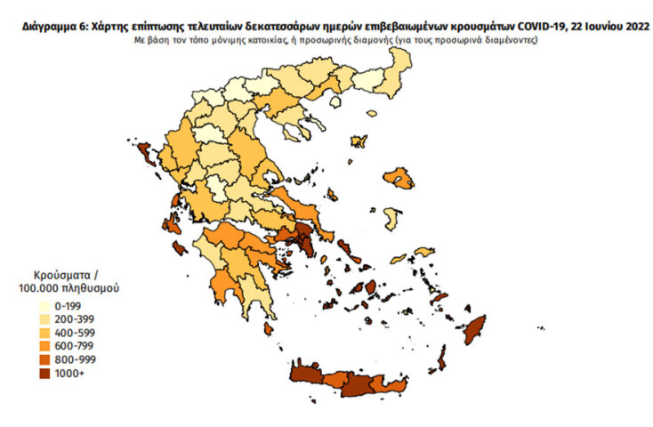 Ο χάρτης διασποράς του ΕΟΔΥ με τα κρούσματα κορωνοϊού τις τελευταίες 14 ημέρες | 22.06.2022