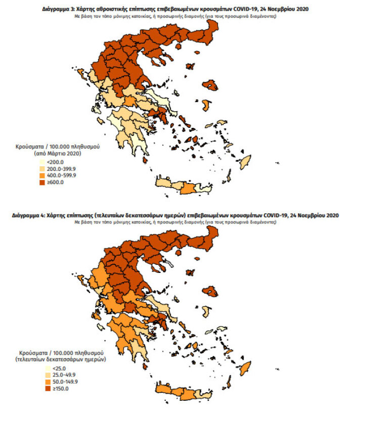 Χάρτες του ΕΟΔΥ με τις περιοχές που έχουν τα περισσότερα κρούσματα κορωνοϊού συνολικά και τις τελευταίες 14 ημέρες | 25.11.2020
