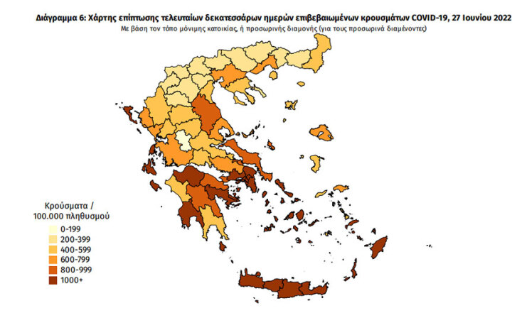 Ο χάρτης διασποράς του ΕΟΔΥ με τα κρούσματα κορωνοϊού τις τελευταίες 14 ημέρες | 27.06.2022