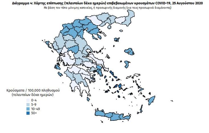 293 νέα κρούσματα κορωνοϊού την Τετάρτη 26 Αυγούστου 2020 - Ο χάρτης με τις περιοχές που έχουν το μεγαλύτερο επιδημιολογικό φορτίο τις τελευταίες 10 ημέρες