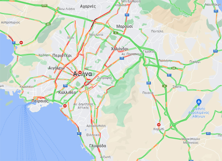 Χάρτης με την κίνηση στους δρόμους της Αττικής το μεσημέρι της Παρασκευής (15:55)