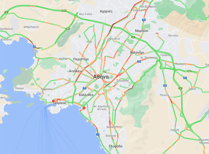 Χάρτης με την κίνηση στους δρόμους της Αθήνας το μεσημέρι της Τρίτης (16:25)