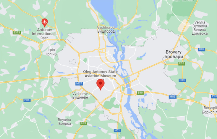 Χάρτης με το σημείο που βρίσκεται το αεροδρόμιο Αντόνοφ