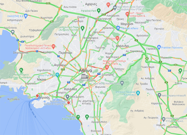 Χάρτης με την κίνηση στους δρόμους της Αττικής το πρωί της Πέμπτης (10/03)
