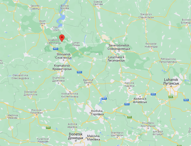 Χάρτης που δείχνει την περιοχή Σβιατογίρσκ στην ανατολική Ουκρανία