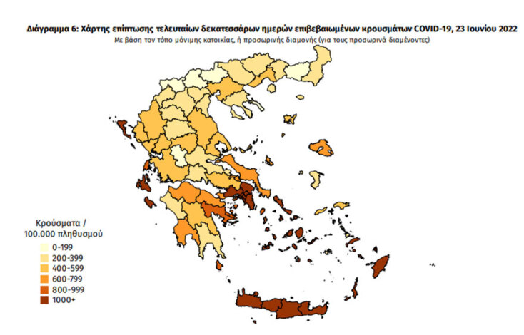 Ο χάρτης διασποράς του ΕΟΔΥ με τα κρούσματα κορωνοϊού τις τελευταίες 14 ημέρες | 23.06.2022