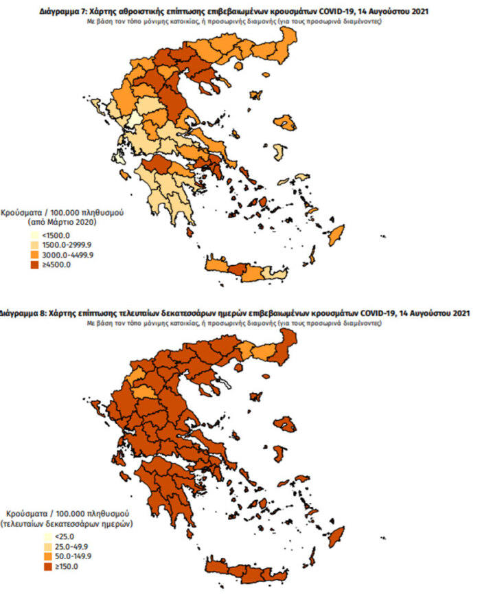 Χάρτες του ΕΟΔΥ με τα νέα κρούσματα κορωνοϊού σήμερα και τις τελευταίες 14 ημέρες ανά περιοχή | 14.08.2021