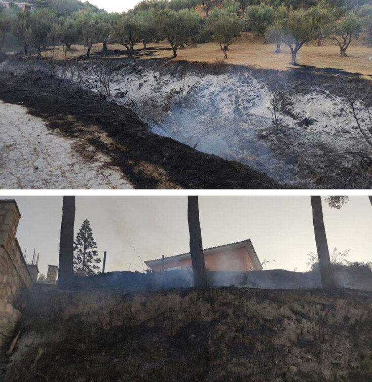 Η φωτιά στη Ζάκυνθο έκαψε χαμηλή βλάστηση και έφθασε πολύ κοντά σε σπίτια στην Κοινότητα Αργάσι
