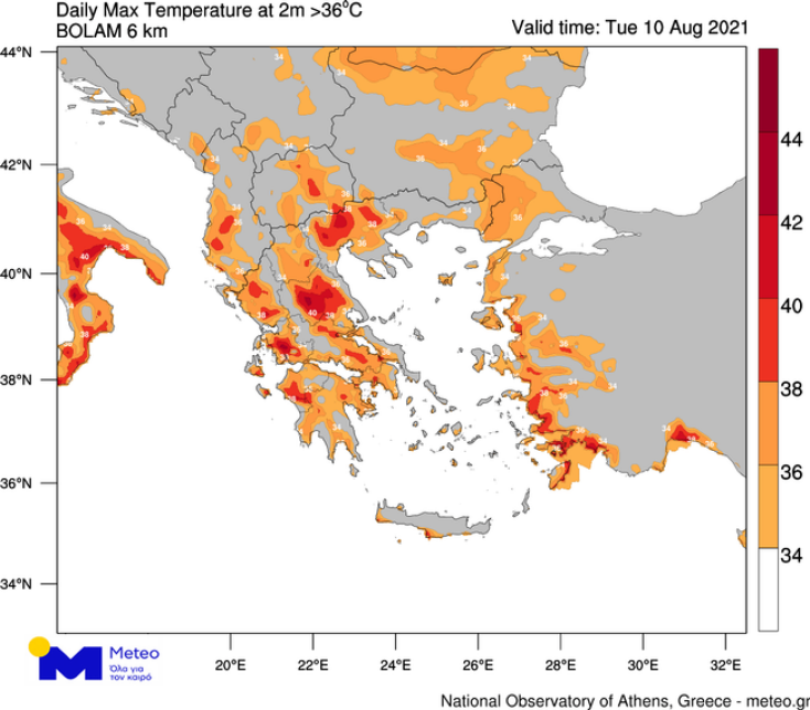 Περιοχές όπου η μέγιστη θερμοκρασία κατά τη διάρκεια της Τρίτης 10/08 θα ξεπεράσει τους 36 ⁰C, όπως υπολογίζεται από το αριθμητικό μοντέλο πρόγνωσης καιρού του Εθνικού Αστεροσκοπείο Αθηνών / meteo.gr