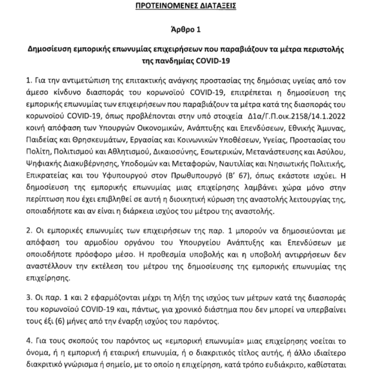 Στη δημοσιότητα θα δίνονται τα ονόματα των επιχειρήσεων που θα παραβιάζουν τα μέτρα για τον κορωνοϊό 