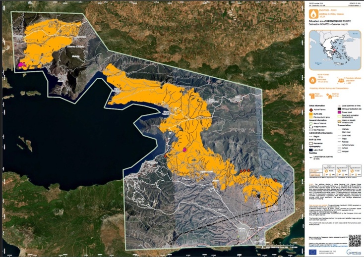 Η δορυφορική εικόνα για τις καμένες εκτάσεις από τη μεγάλη φωτιά στην Αττική και τη Βοιωτία