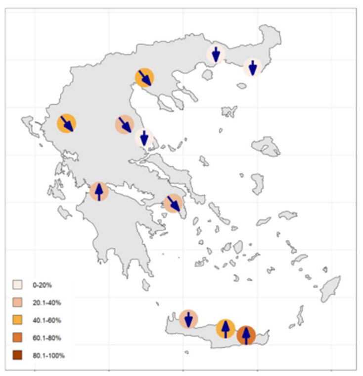 Γεωγραφική απεικόνιση των επιπέδων ιικού φορτίου στα αστικά λύματα και τάση μεταβολής κατά την εβδομάδα 29/08-04/09/2022