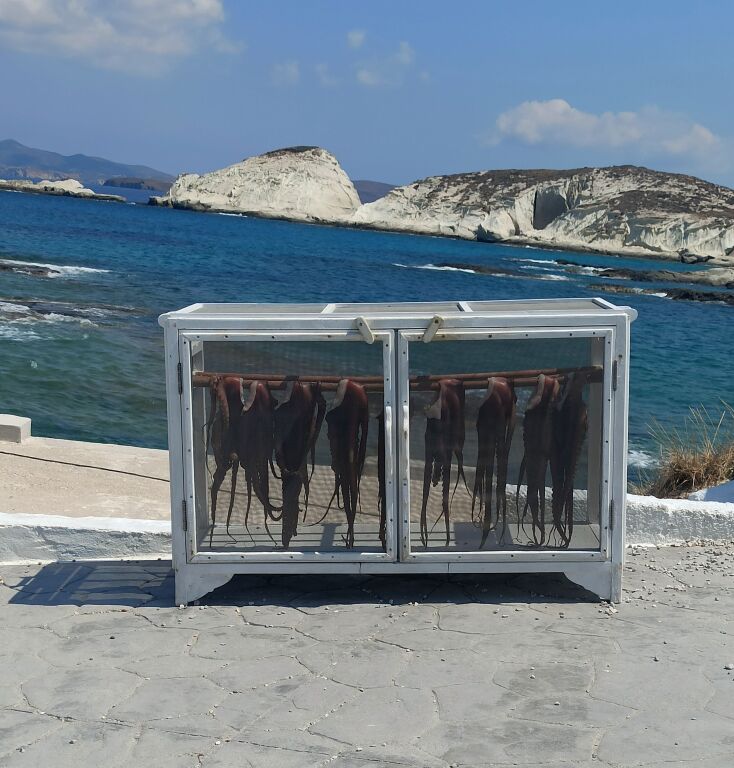 Στα Μανδράκια και στο υπέροχο μεζεδοπωλείο Μέδουσα, εκεί όπου ο ουρανός συναντά τη θάλασσα, ήπιαμε υπέροχα κρασιά μέχρι να φτάσουν στο τραπέζι τα λιαστά χταπόδια.