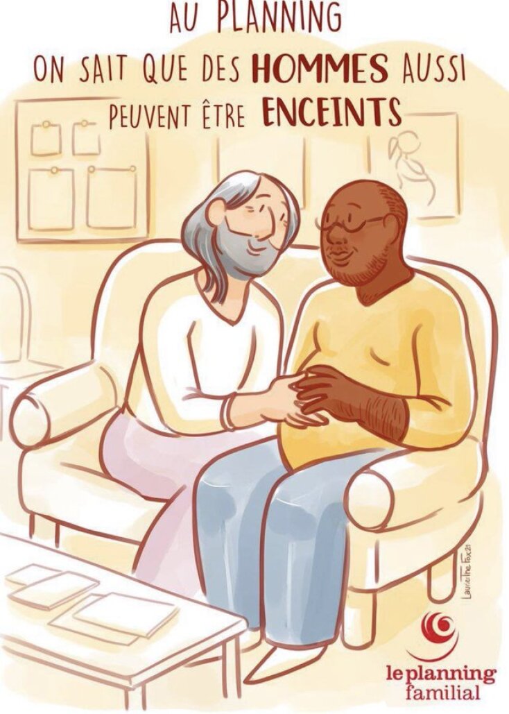 Η αφίσα της υπηρεσίας Οικογενειακού Προγραμματισμού στη Γαλλία που απεικονίζει εγκυμονούντες άνδρες, οι δηλώσεις της φεμινίστριας Dora Moutot στο Le Point και οι αντιδράσεις που προκάλεσε.