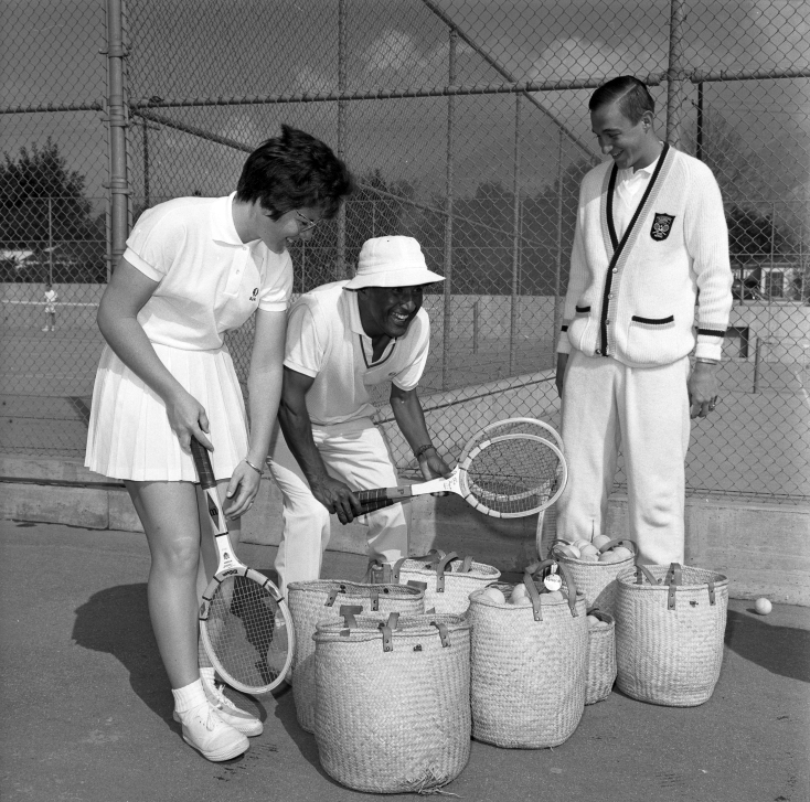 Billie Jean Moffitt King, Pancho Segura, and Stan Smith at tennis clinic in Los Angeles, Calif., 1966