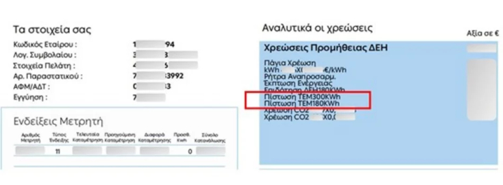 Πίστωση ΤΕΜ: Η έκπτωση στο ρεύμα χάρη στις Α.Π.Ε. όπως αναγράφεται στο πίσω μέρος ενός εκκαθαριστικού λογαριασμού της ΔΕΗ. Αντίστοιχες εκπτώσεις γίνονται και από τους άλλους παρόχους
