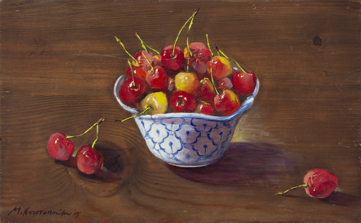Μαρία Κτιστοπούλου, κεράσια, 2005, λάδι σε ξύλο, 25Χ40 εκ.