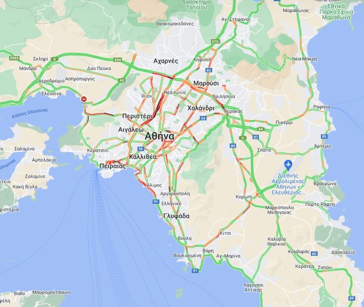 Ο χάρτης με την κίνηση τώρα στους δρόμους της Αθήνας