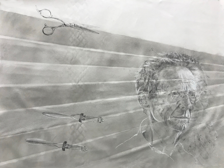 Βίβιαν Χαλκίδη «Ερωτευμένοι αυτόχειρες», ακρυλικά, μελάνι, χρωματιστά μολύβια, γραφίτης σε καμβά, 90 x 120 εκ.)