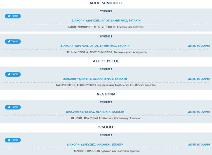 Έκτακτες διακοπές νερού σήμερα σε περιοχές της Αττικής