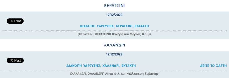 Έκτακτες διακοπές νερού σήμερα σε πέντε περιοχές της Αττικής