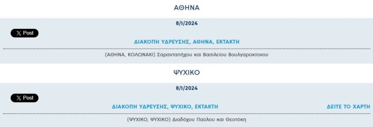 Έκτακτες διακοπές νερού σήμερα σε δύο περιοχές της Αττικής