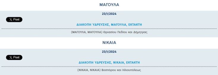 Έκτακτες διακοπές νερού σήμερα σε δύο περιοχές της Αττικής