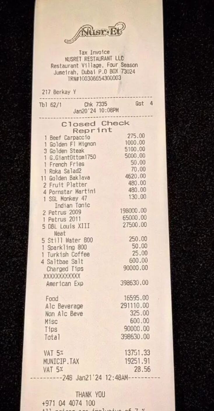 Θύελλα αντιδράσεων για λογαριασμό 108.000€ σε εστιατόριο του Salt Bae